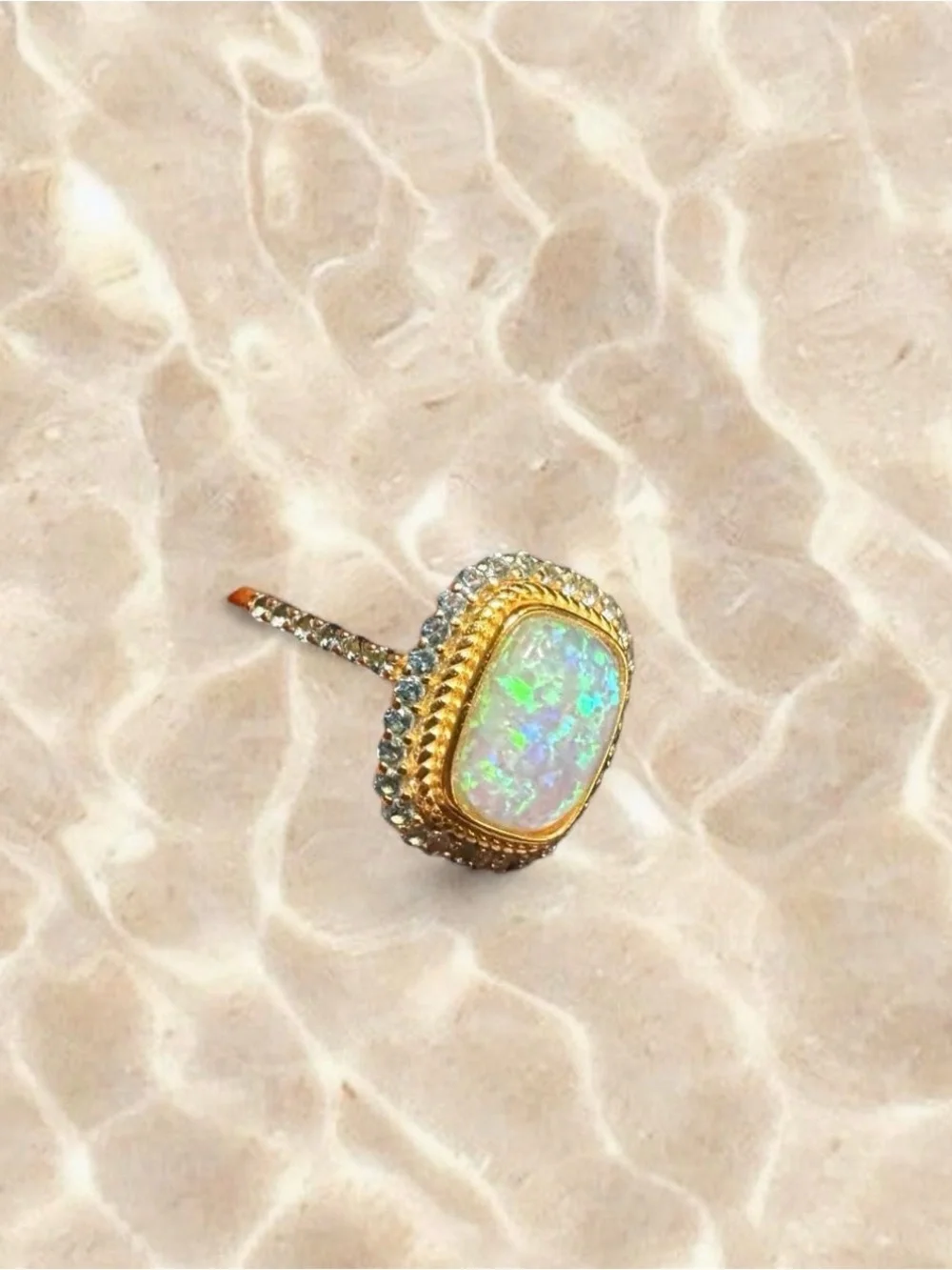 Boho Fairy 925 silver gold wash rainbow opal ring with blue stone halo and band